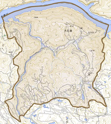 大久後とその周辺の地図。町の範囲を重ねている