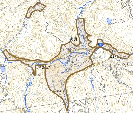 次月とその周辺の地図。町の範囲を重ねている