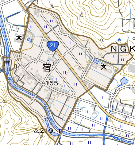 宿とその周辺の地図。町の範囲を重ねている
