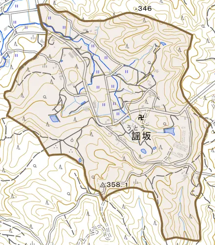 謡坂とその周辺の地図。町の範囲を重ねている