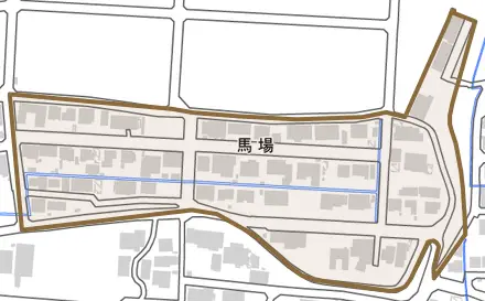 馬場とその周辺の地図。町の範囲を重ねている