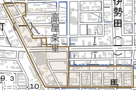馬場春雨町とその周辺の地図。町の範囲を重ねている