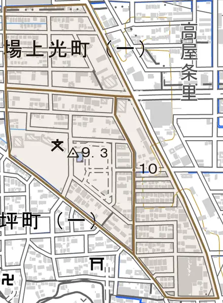 馬場上光町とその周辺の地図。町の範囲を重ねている
