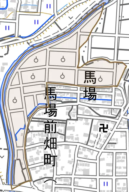 馬場北町とその周辺の地図。町の範囲を重ねている