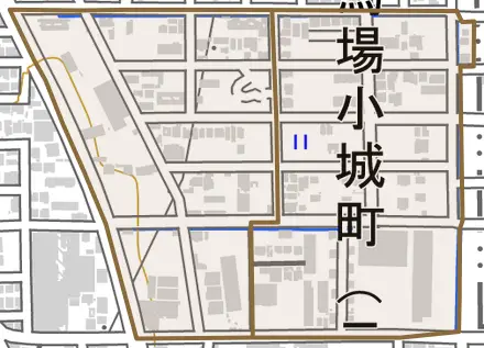 馬場小城町とその周辺の地図。町の範囲を重ねている