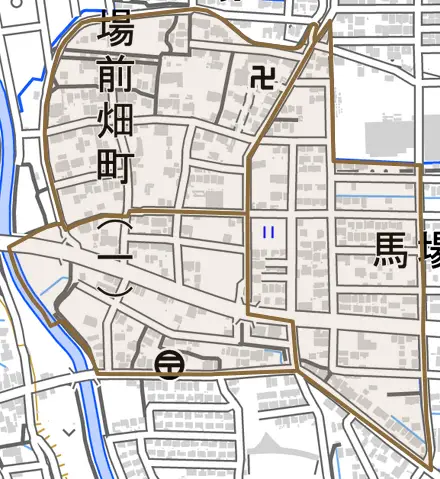 馬場前畑町とその周辺の地図。町の範囲を重ねている