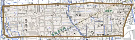 別府とその周辺の地図。町の範囲を重ねている