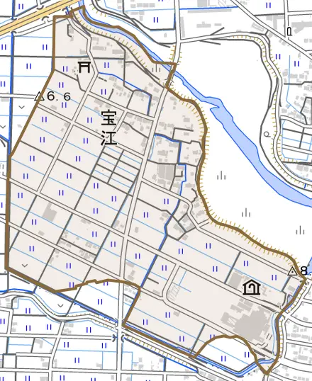 宝江とその周辺の地図。町の範囲を重ねている