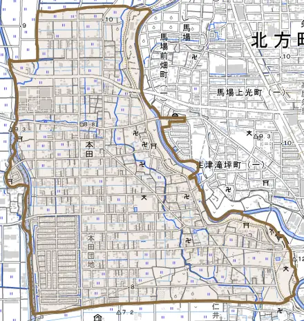 本田とその周辺の地図。町の範囲を重ねている
