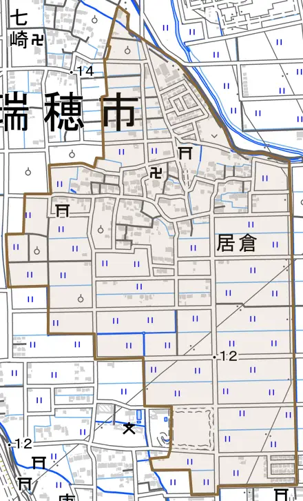 居倉とその周辺の地図。町の範囲を重ねている