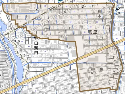 稲里とその周辺の地図。町の範囲を重ねている