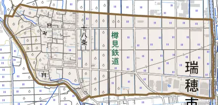 十八条とその周辺の地図。町の範囲を重ねている
