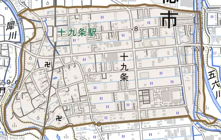 十九条とその周辺の地図。町の範囲を重ねている