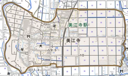 美江寺とその周辺の地図。町の範囲を重ねている