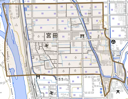 宮田とその周辺の地図。町の範囲を重ねている