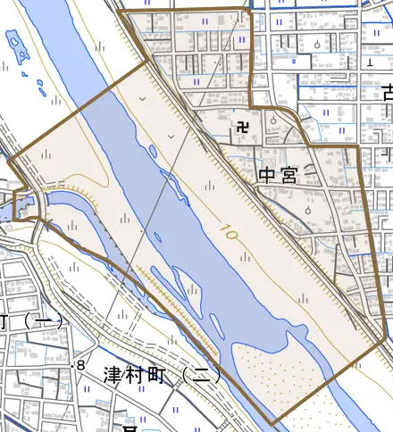 中宮とその周辺の地図。町の範囲を重ねている