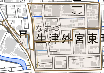 生津外宮東町とその周辺の地図。町の範囲を重ねている