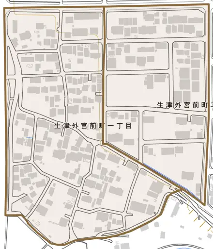生津外宮前町とその周辺の地図。町の範囲を重ねている