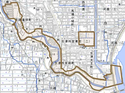 生津とその周辺の地図。町の範囲を重ねている