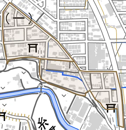 生津内宮町とその周辺の地図。町の範囲を重ねている