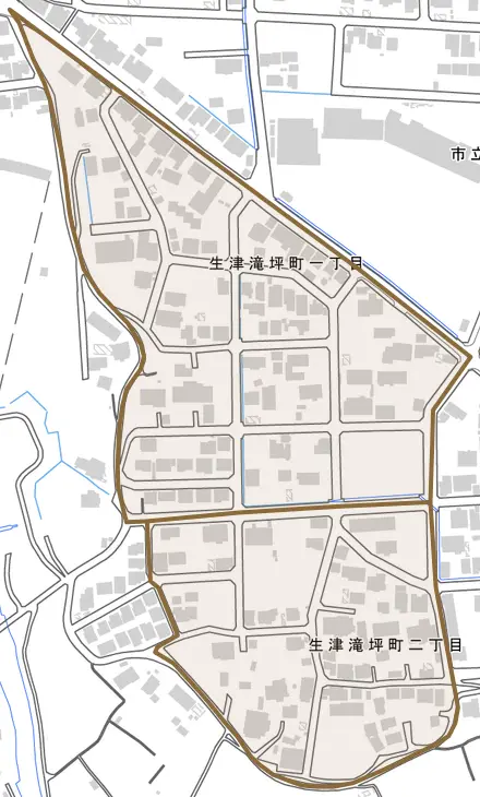 生津滝坪町とその周辺の地図。町の範囲を重ねている