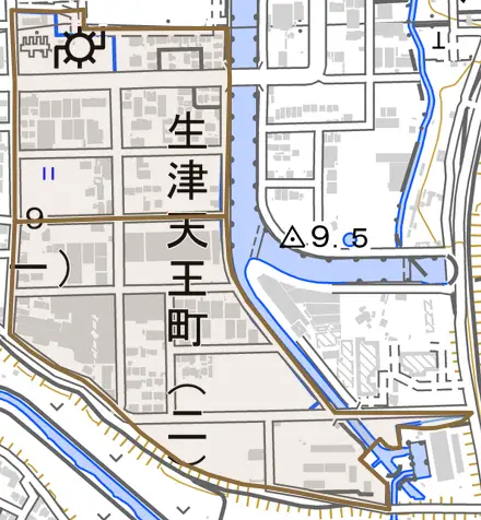 生津天王町とその周辺の地図。町の範囲を重ねている