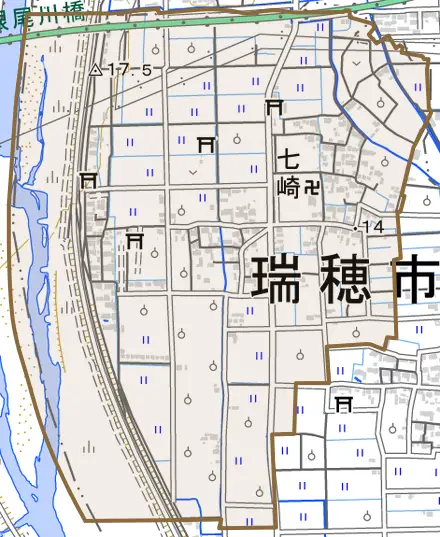 七崎とその周辺の地図。町の範囲を重ねている