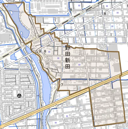 野田新田とその周辺の地図。町の範囲を重ねている
