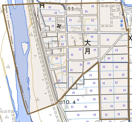 大月とその周辺の地図。町の範囲を重ねている