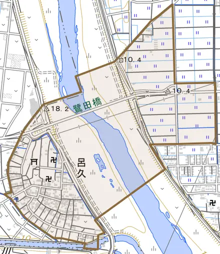 呂久とその周辺の地図。町の範囲を重ねている