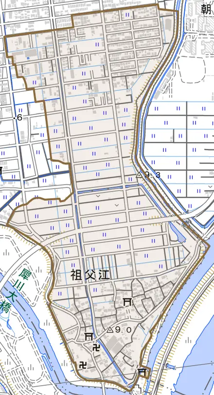 祖父江とその周辺の地図。町の範囲を重ねている