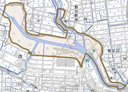 犀川堤外地とその周辺の地図。町の範囲を重ねている