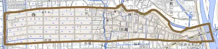只越とその周辺の地図。町の範囲を重ねている