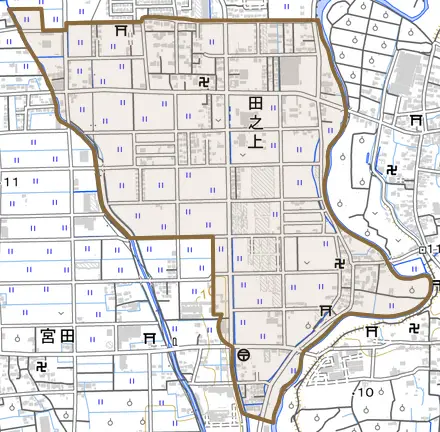 田之上とその周辺の地図。町の範囲を重ねている