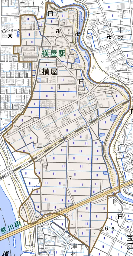 横屋とその周辺の地図。町の範囲を重ねている