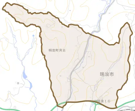 明世町月吉とその周辺の地図。町の範囲を重ねている