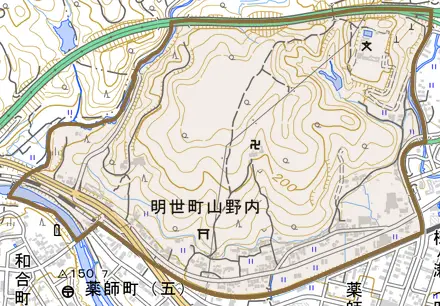 明世町山野内とその周辺の地図。町の範囲を重ねている