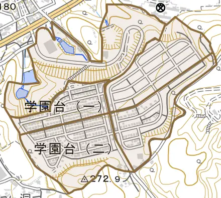 学園台とその周辺の地図。町の範囲を重ねている
