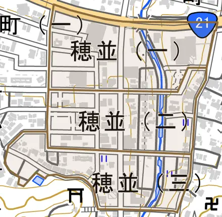穂並とその周辺の地図。町の範囲を重ねている