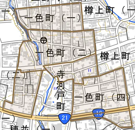 一色町とその周辺の地図。町の範囲を重ねている