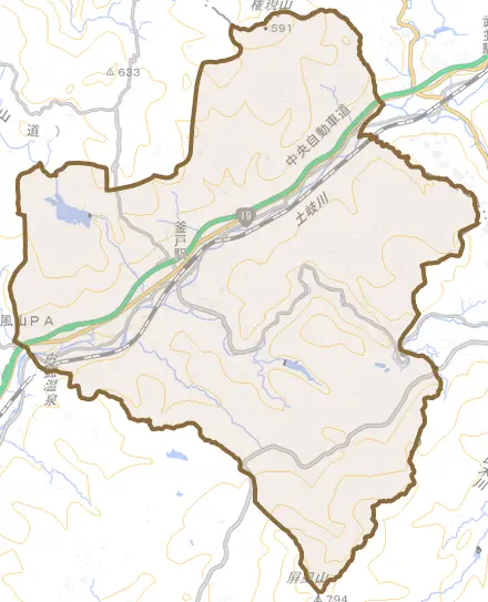 釜戸町とその周辺の地図。町の範囲を重ねている