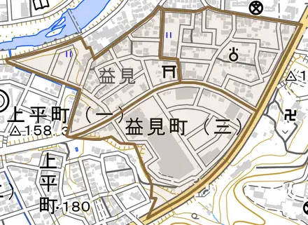 益見町とその周辺の地図。町の範囲を重ねている