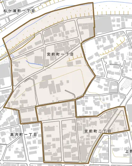 宮前町とその周辺の地図。町の範囲を重ねている