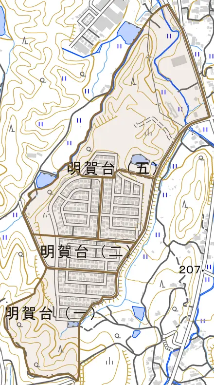明賀台とその周辺の地図。町の範囲を重ねている