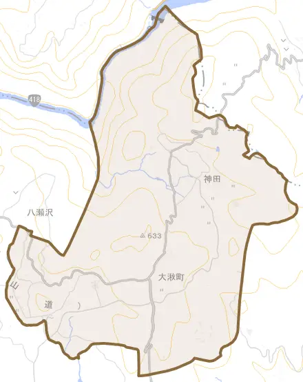 大湫町とその周辺の地図。町の範囲を重ねている