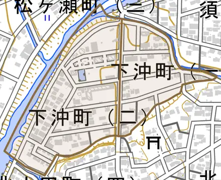 下沖町とその周辺の地図。町の範囲を重ねている