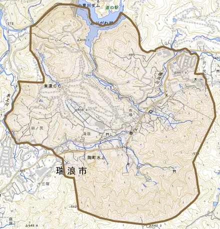 陶町水上とその周辺の地図。町の範囲を重ねている