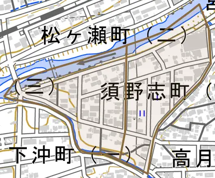 須野志町とその周辺の地図。町の範囲を重ねている
