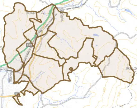 土岐町とその周辺の地図。町の範囲を重ねている
