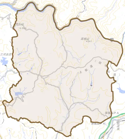 日吉町とその周辺の地図。町の範囲を重ねている